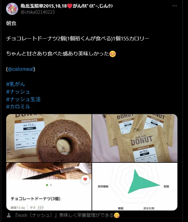 ナッシュのチョコレートドーナツを紹介するX投稿画像。実物写真、栄養成分ラベル、レーダーチャート、3個入りパッケージが表示されている