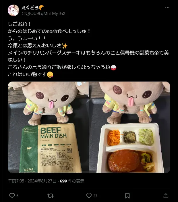 ぬいぐるみとnoshのチリハンバーグステーキを写したX投稿のレビュー画像。副菜も含めて美味しいと紹介されている。