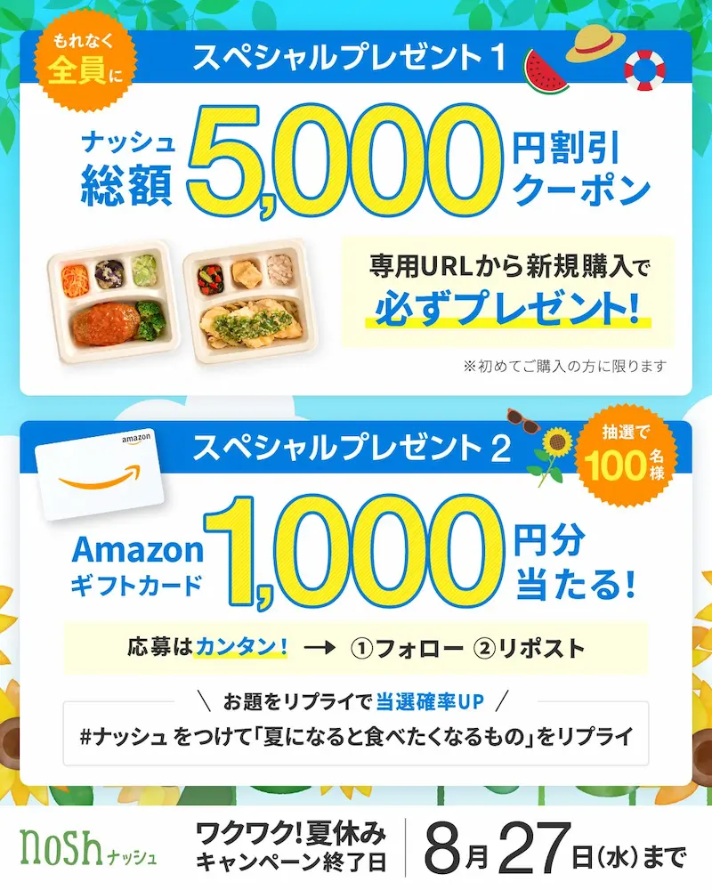 ナッシュの夏休みキャンペーン告知画像。総額5,000円割引クーポン全員プレゼントと、抽選で100名にAmazonギフトカード1,000円が当たる。2025年8月27日まで開催。