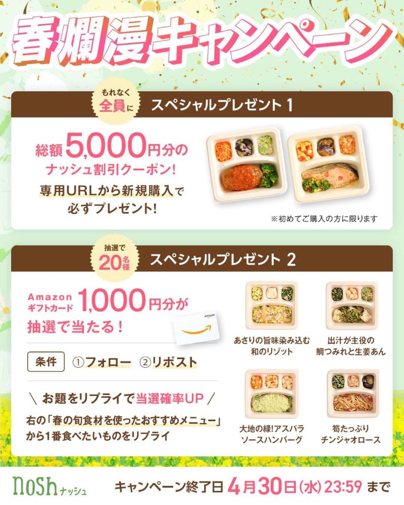 ナッシュ春爛漫キャンペーンの案内画像。初回限定5000円クーポンと抽選でAmazonギフトカードが当たる特典付き。キャンペーン終了は2025年4月30日。
