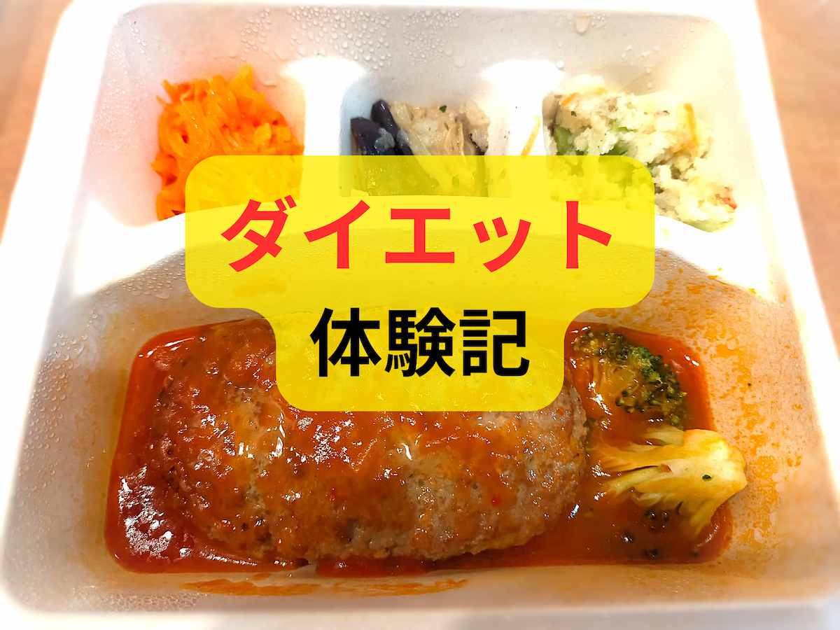 ナッシュ（nosh）の宅配弁当と「ダイエット体験記」の文字が入ったサムネイル画像。ハンバーグや副菜が入ったnoshの弁当が背景。