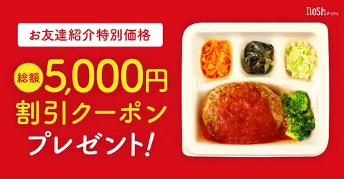 ナッシュのお友達紹介特別価格キャンペーン。総額5,000円割引クーポンプレゼントを案内する画像と冷凍弁当の写真。