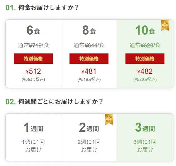 ナッシュの6食・8食・10食プランの料金比較と、1週間・2週間・3週間ごとの配送頻度を選べる料金表の画像
