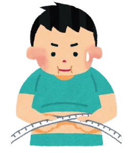 メジャーでお腹周りを測り、ダイエットの難しさを感じている30代の男性のイラスト