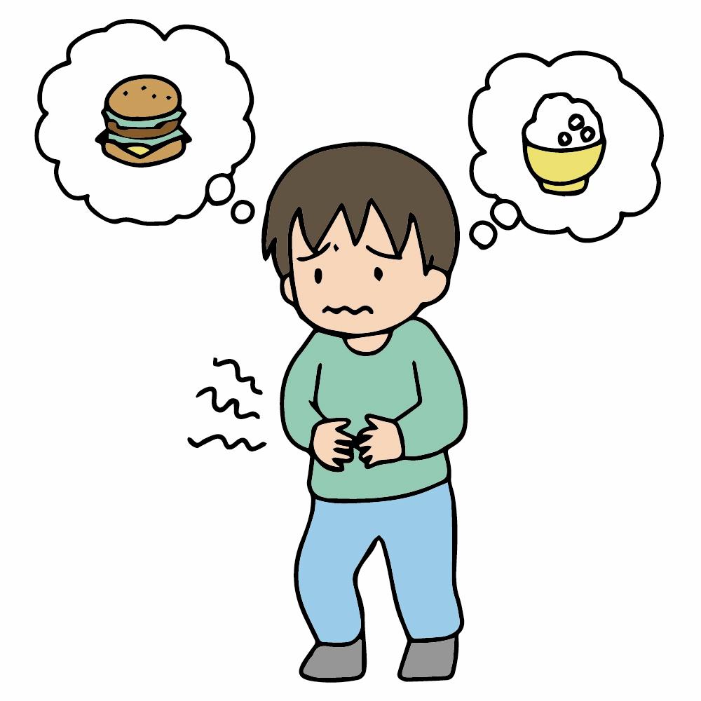 ダイエット中に空腹で悩み、食べたい気持ちと我慢の間で迷っている男性のイラスト